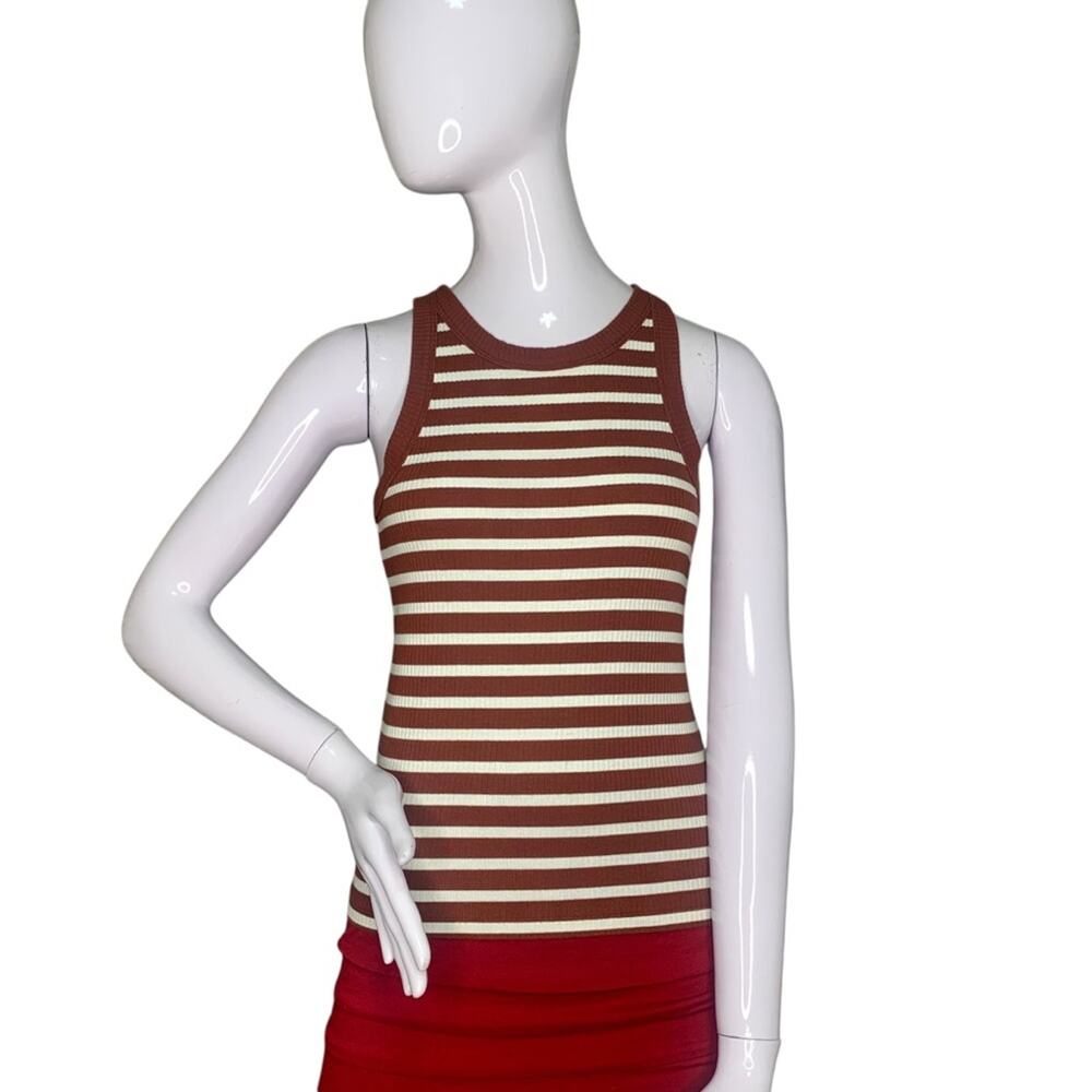 Gap High Neck Ribbed Striped Tank Top Brown and White Crewneck Pullover Size XS